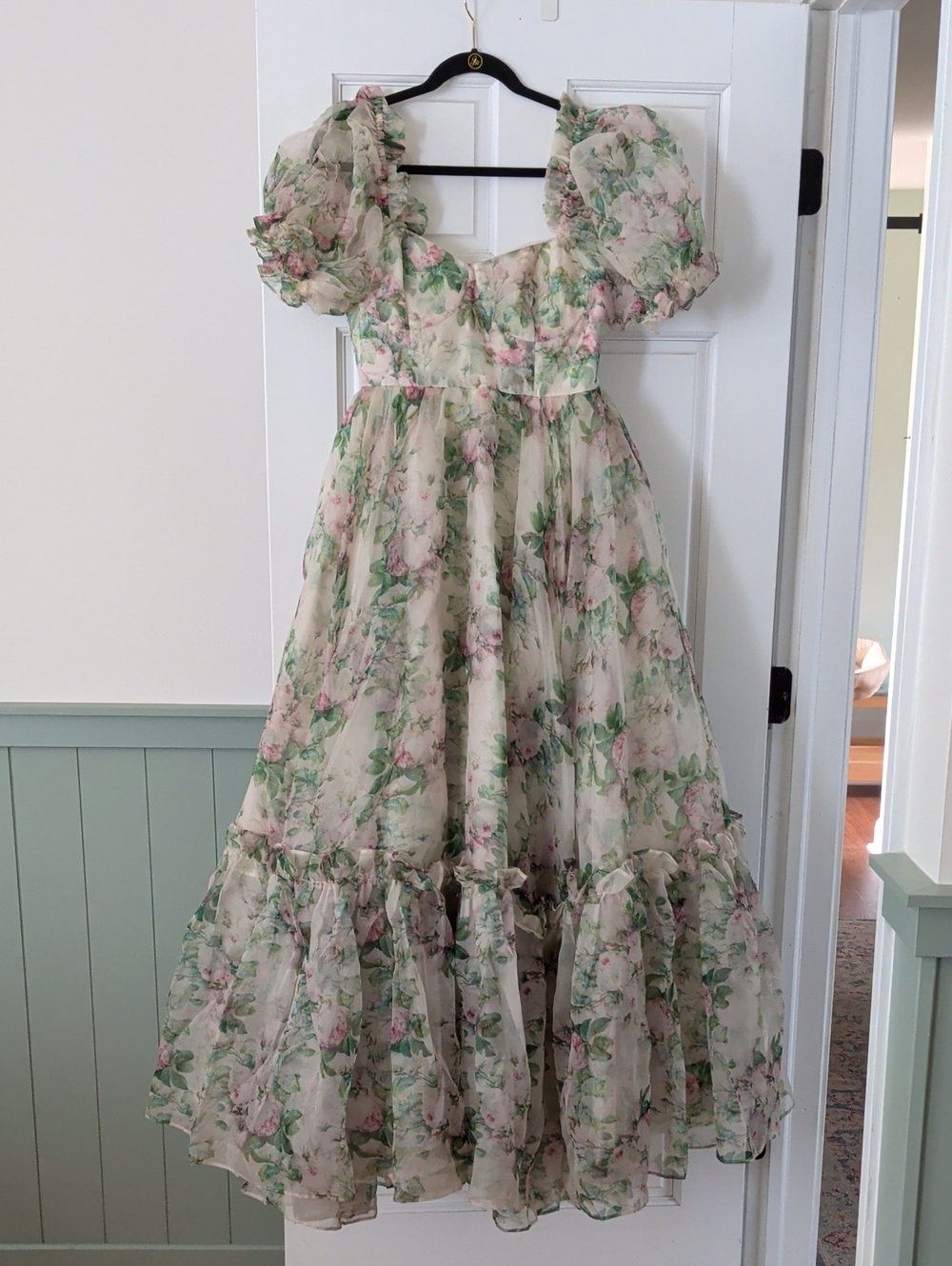 Selkie Cream Floral Puff-Sleeve Dress with Pink and Green Print